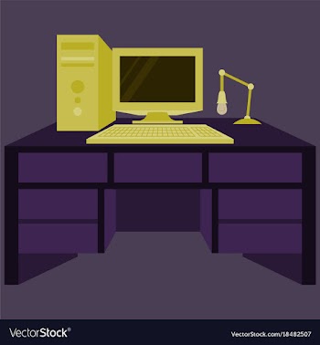 Workplace desk computer lamp top angle view flat vector image