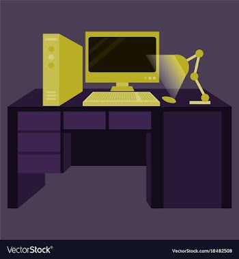 Workplace desk computer lamp top angle view flat vector image