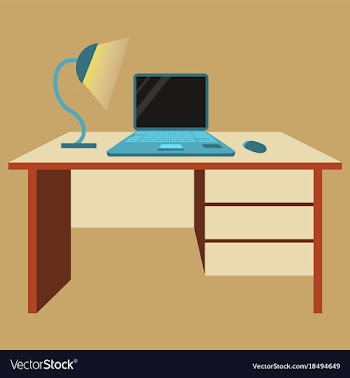 Workplace desk computer lamp top angle view flat vector image