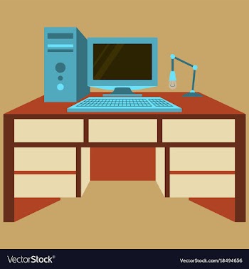 Workplace desk computer lamp top angle view flat vector image
