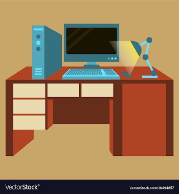 Workplace desk computer lamp top angle view flat vector image