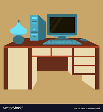 Workplace desk computer lamp top angle view flat vector image