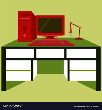 Workplace desk computer lamp top angle view flat vector image