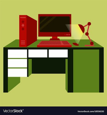 Workplace desk computer lamp top angle view flat vector image