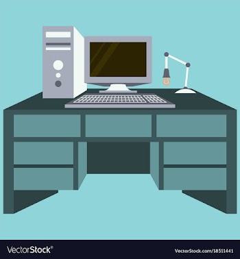 Workplace desk computer lamp top angle view flat vector image