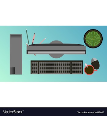Workplace desk computer plant coffee top angle vector image