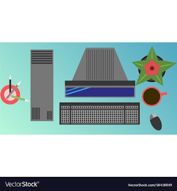 Workplace desk computer plant coffee top angle vector image