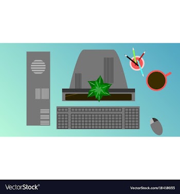 Workplace desk computer plant coffee top angle vector image