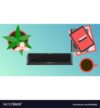 Workplace desk computer plant coffee top angle vector image