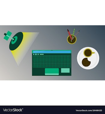 Workplace desk computer plant coffee top angle vector image