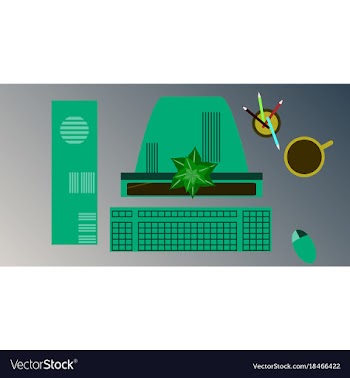 Workplace desk computer plant coffee top angle vector image