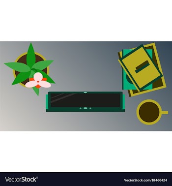 Workplace desk computer plant coffee top angle vector image
