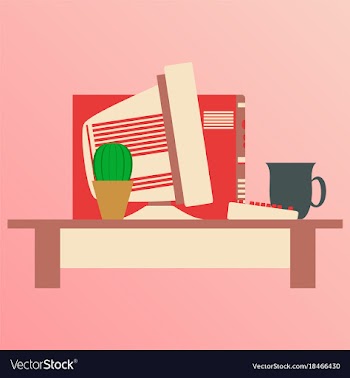 Workplace desk computer plant coffee top angle vector image