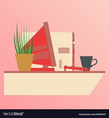 Workplace desk computer plant coffee top angle vector image