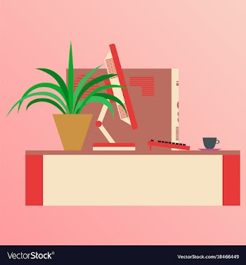 Workplace desk computer plant coffee top angle vector image