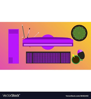 Workplace desk computer plant coffee top angle vector image
