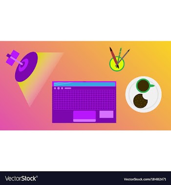 Workplace desk computer plant coffee top angle vector image