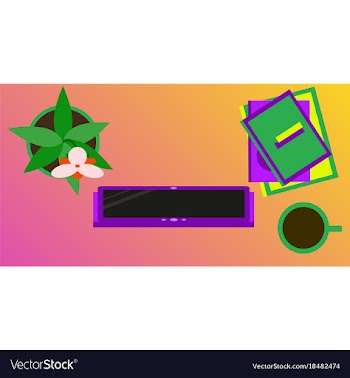 Workplace desk computer plant coffee top angle vector image