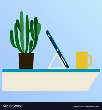 Workplace desk computer plant coffee top angle vector image