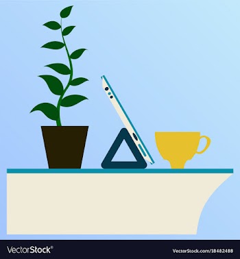 Workplace desk computer plant coffee top angle vector image