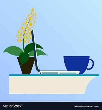 Workplace desk computer plant coffee top angle vector image