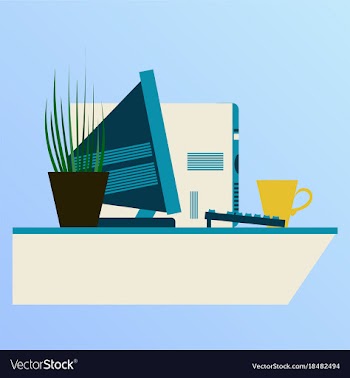 Workplace desk computer plant coffee top angle vector image