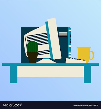 Workplace desk computer plant coffee top angle vector image