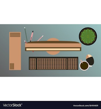 Workplace desk computer plant coffee top angle vector image