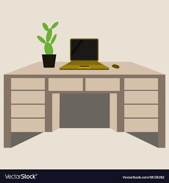 Workplace desk computer plant top angle view flat vector image