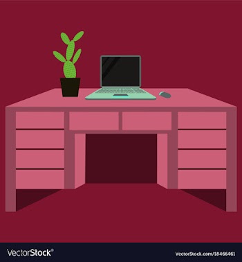 Workplace desk computer plant top angle view flat vector image