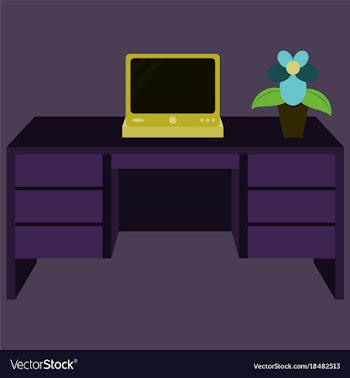 Workplace desk computer plant top angle view flat vector image
