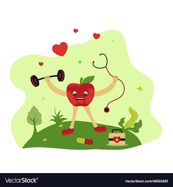 world health day - apple character with equipment