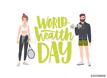 World Health Day celebratory banner with people performing physical exercise, fitness workout, sports, male bodybuilder with dumbbell and female tennis player