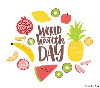 World Health Day postcard with elegant lettering written by cursive font and surrounded by whole nutrient foods, raw fresh organic exotic tropical fruits