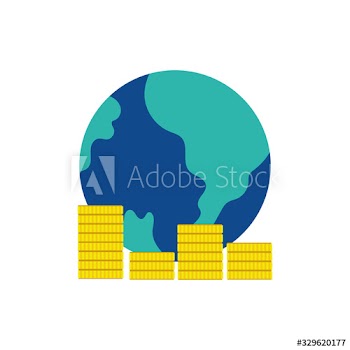 world planet with pile coins money dollars flat style