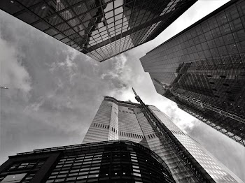 Worm's-view and Grayscale Photography of Curtain Wall Buildings