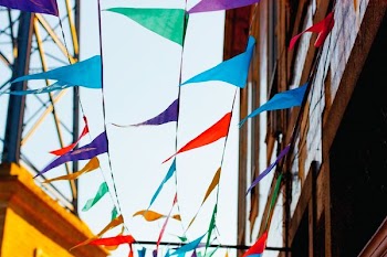 worm's eye view of festival banner