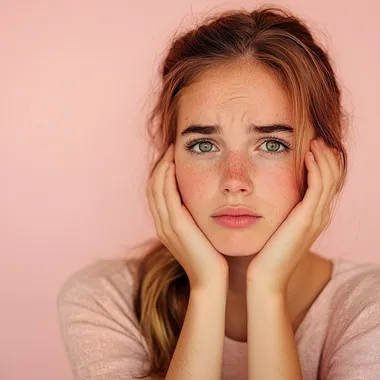 Worried young woman covering her face against a light pink backdrop