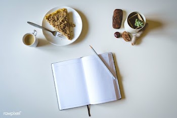 Writing a journal while having cake and coffe.. | Free public domain photo - 447584