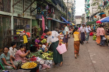 Yangon, Myanmar - September 27, 2016: Traditional burmese street market in Yangon.