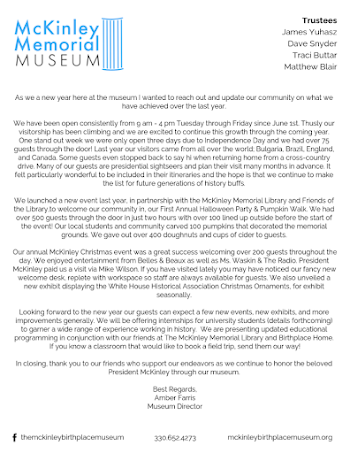 Year in Review Letter – 2018 – The McKinley Birthplace Museum