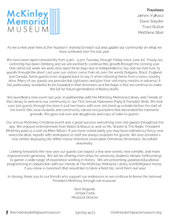 Year in Review Letter – 2018 – The McKinley Birthplace Museum