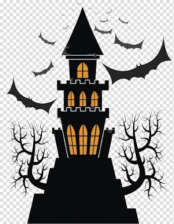 Yellow and black Halloween castle with bats and trees , Frankenstein Castle Halloween , Halloween Castle transparent background PNG clipart