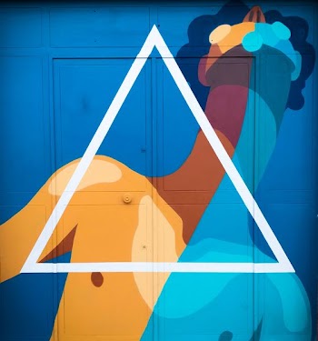 yellow and blue man's half body painted blue locker cabinet