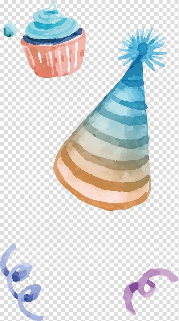 Yellow and blue party hat and cupcake illustration, Party hat Birthday Watercolor painting, Watercolor ice cream transparent background PNG clipart