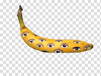 Yellow banana fruit with eyes printed on peel transparent background PNG clipart