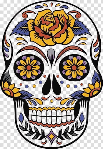 Yellow, blue, and black calavera illustration, Calavera Day of the Dead Death Party Mexico, party transparent background PNG clipart