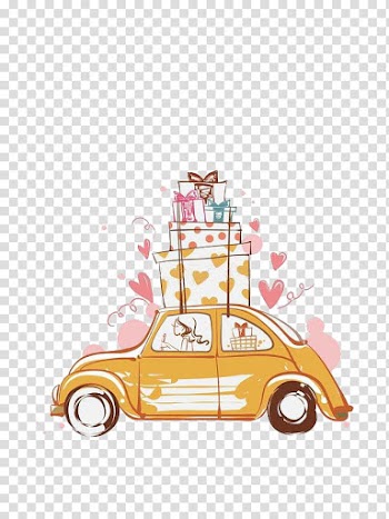 Yellow car and gift box illustration, Cartoon, Car carrying gifts transparent background PNG clipart