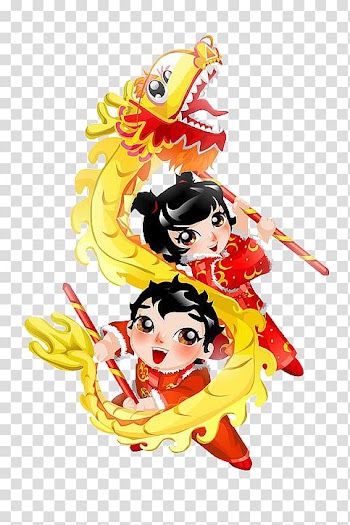 Yellow Chinese dragon , Dragon dance Lion dance Chinese New Year Cartoon, Chinese New Year dragon painted children transparent background PNG clipart
