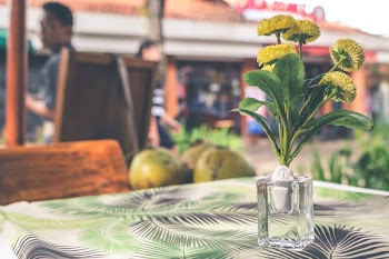 Yellow Flower Arrangement in Vase on Top of Table